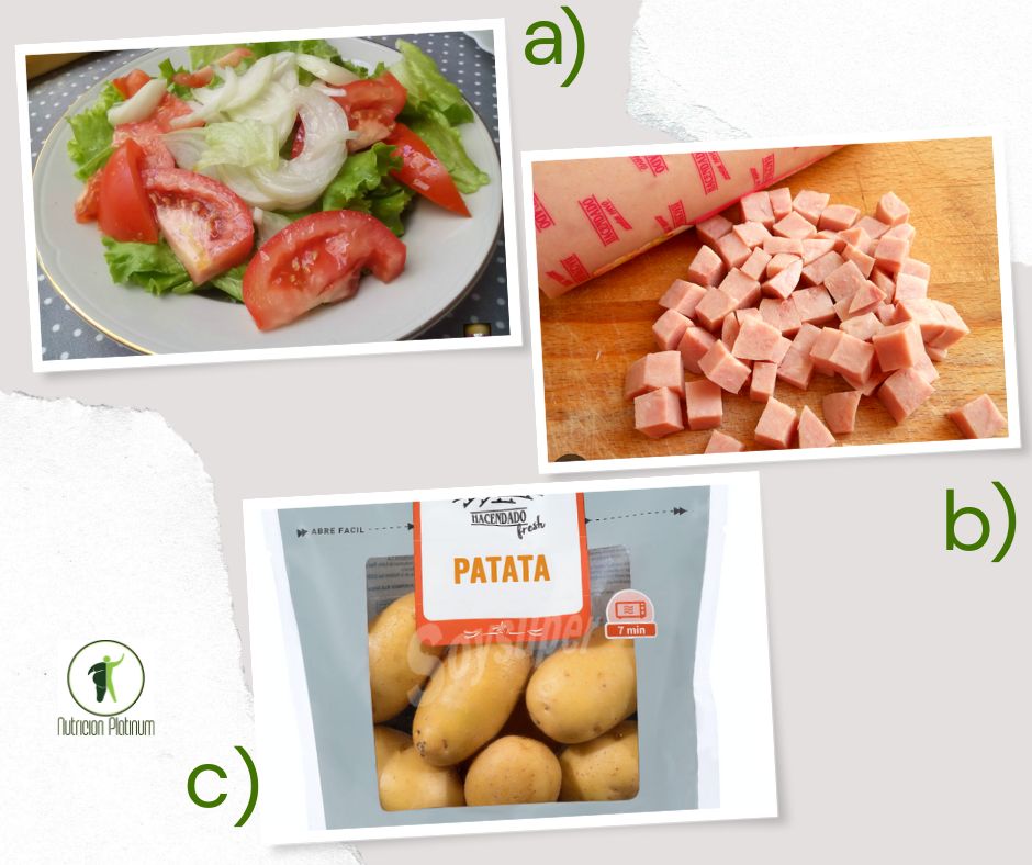 ENSALADA DE TOMATE CON LECHUGA Y CEBOLLA CON FIAMBRE DE PAVO Y PATATA COCIDA