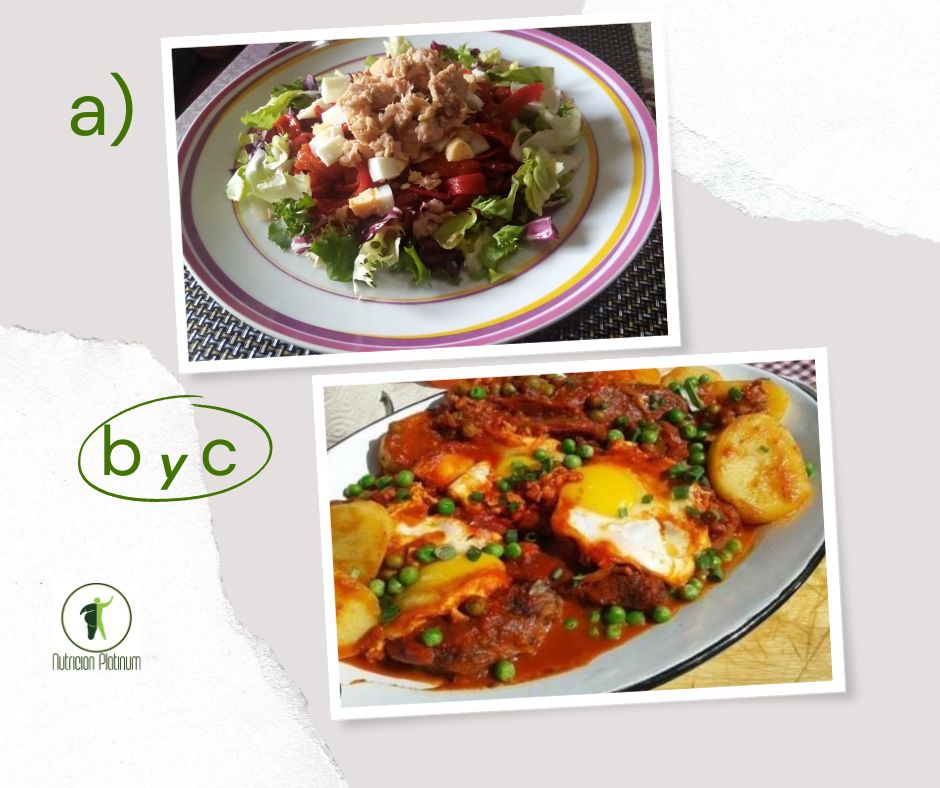 Ensalada de pimientos asados atún y huevo con bifes a la criolla con huevo