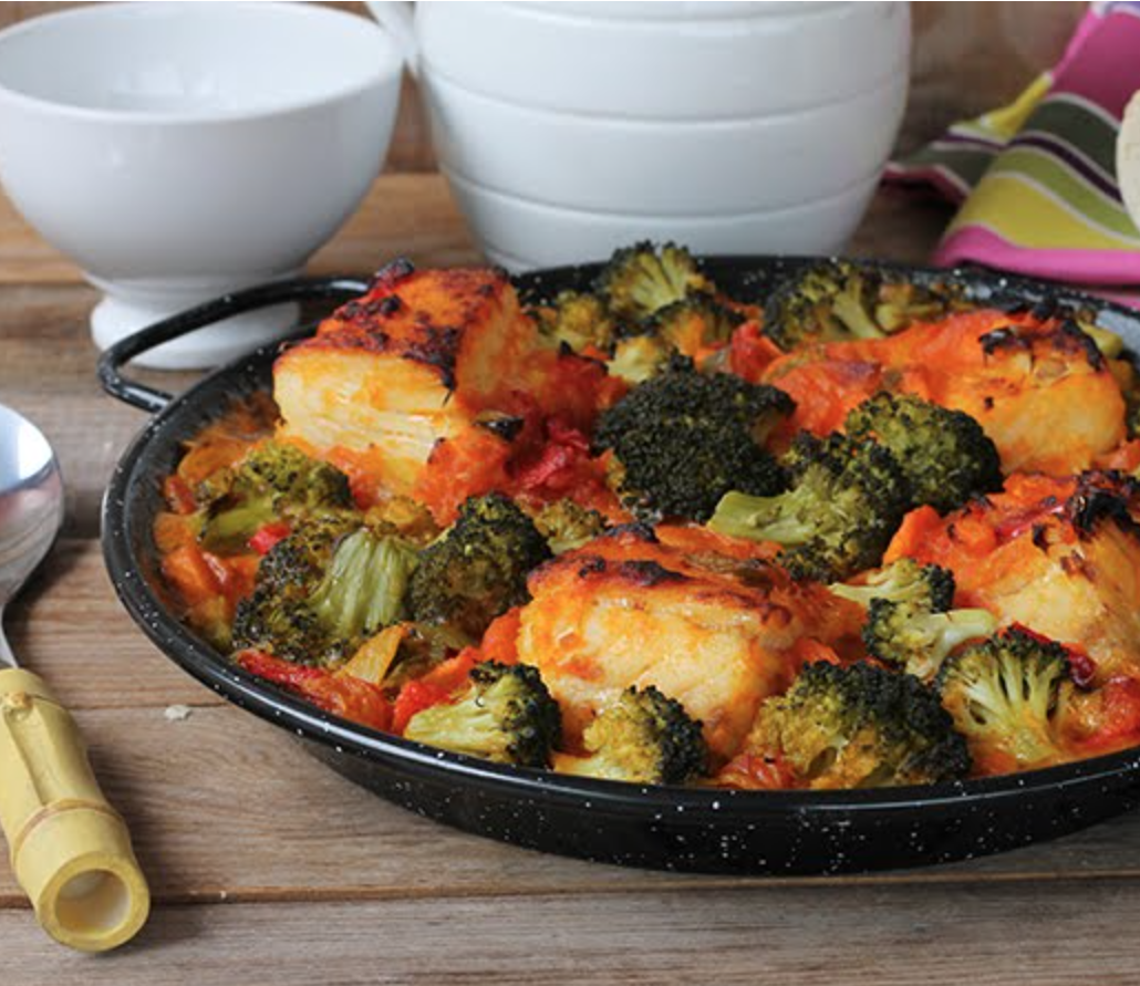 bacalao al horno con sofrito de verduras