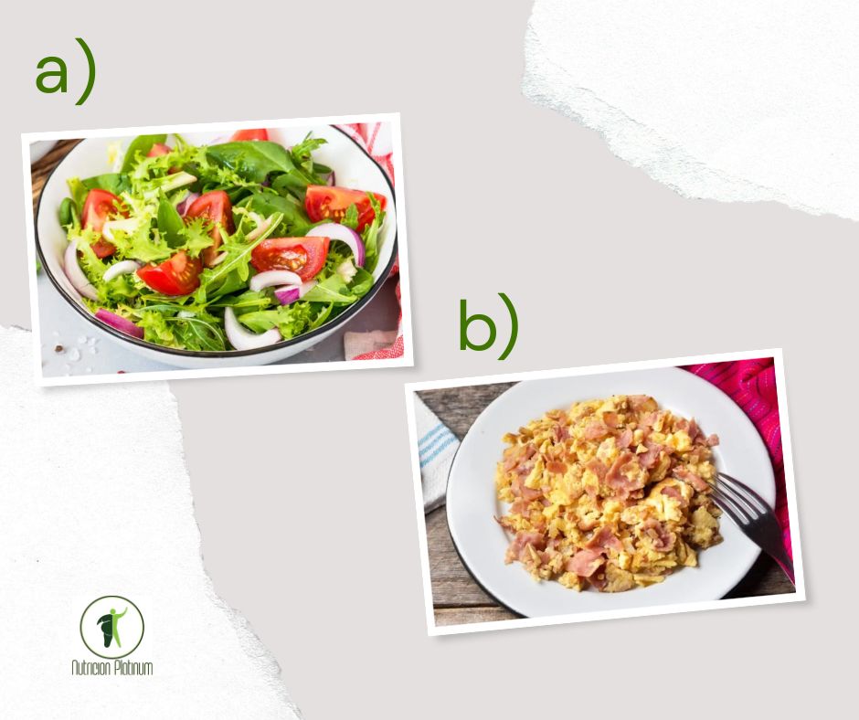 Ensalada variada de brotes tiernos con tomate y huevos revueltos con jamón