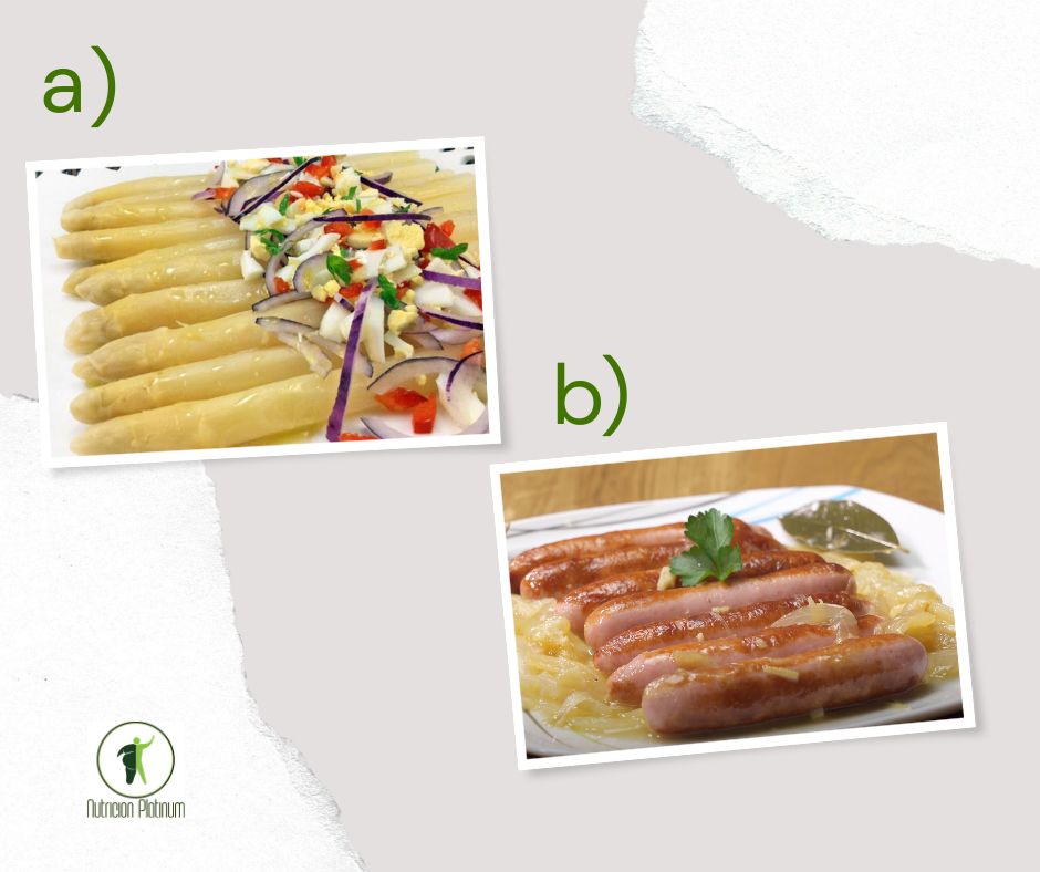 Espárragos blancos con vinagreta acompañado de salchichas al vino blanco con cebolla