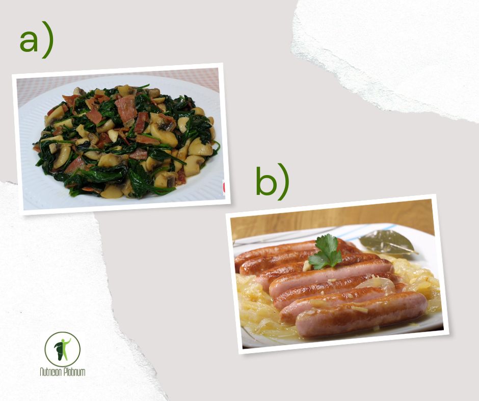 Espinacas salteadas con jamón serrano y champiñones acompañado de salchichas al vino blanco con cebolla