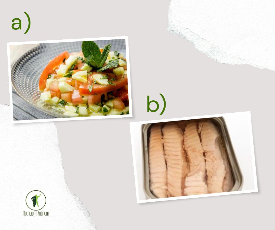 Ensalada de pepino, tomate y menta con melva en conserva