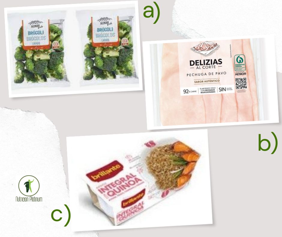 Brocoli con fiambre de pechuga de pollo  y quinoa integral.