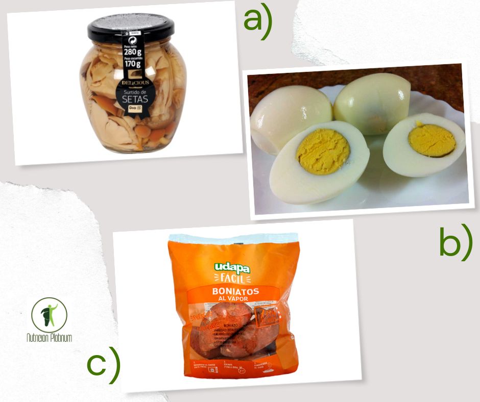 Setas en conserva con huevos cocidos y boniatos.