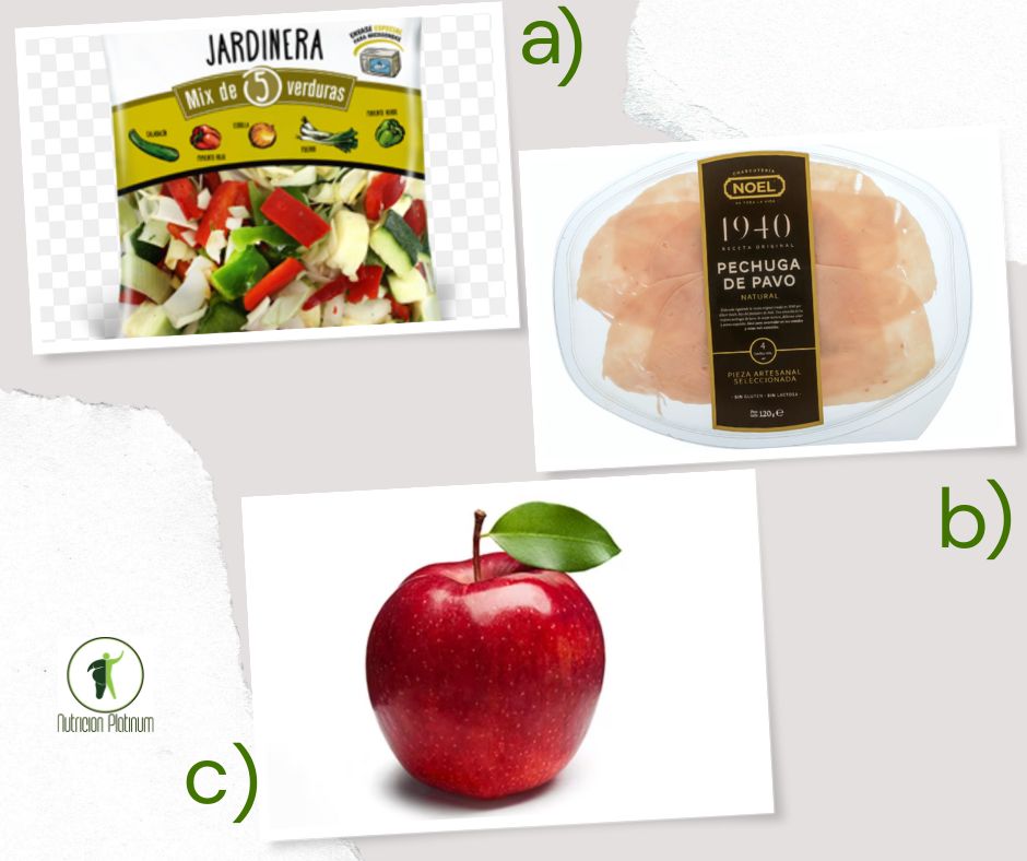 Verduras a la jardinera con jamón de york y 1 manzana tamaño puño.