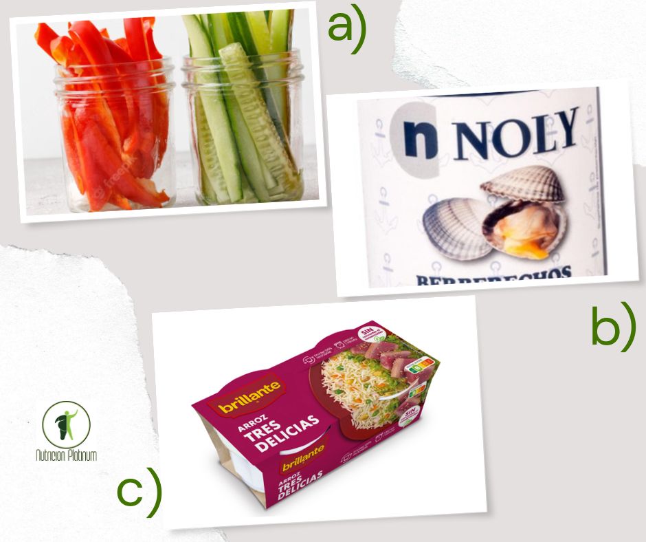 Palitos de pepino y pimientos con berberechos y vasito de arroz tres delicias.