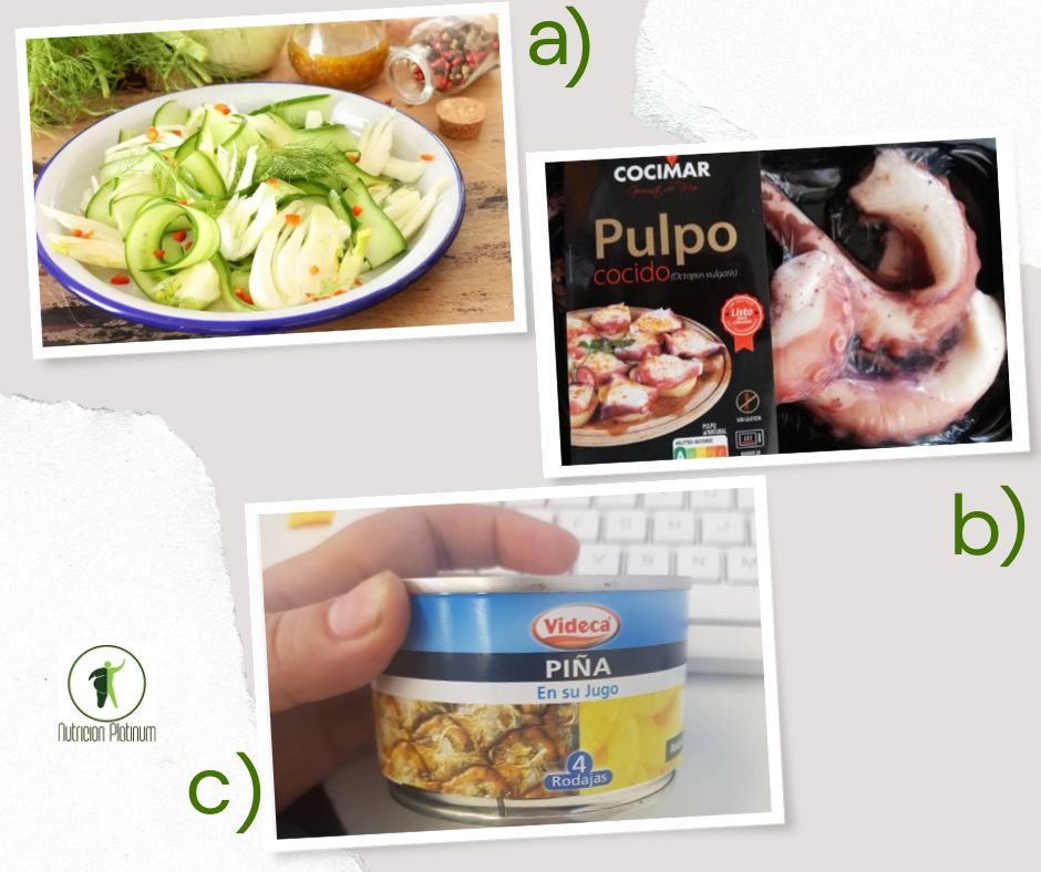 Ensalada de hinojo con pepino y guindilla con pulpo cocido y piña en su jugo.