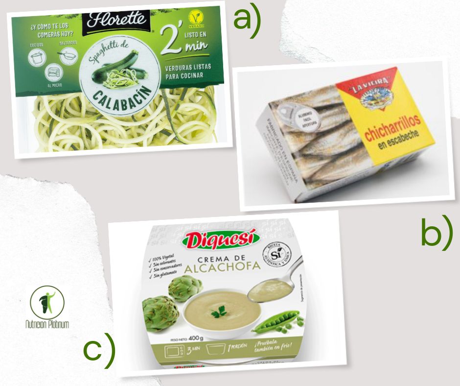 Espaguetis de calabacín con chicharros en conserva y crema de alcachofas.