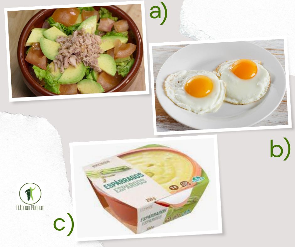 Ensalada de aguacate y atún con huevos a la plancha y crema de espárragos.