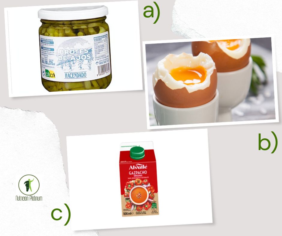 Ajetes en conserva con huevos blandos y 1 tetrabrik mini de gazpacho andaluz por persona.