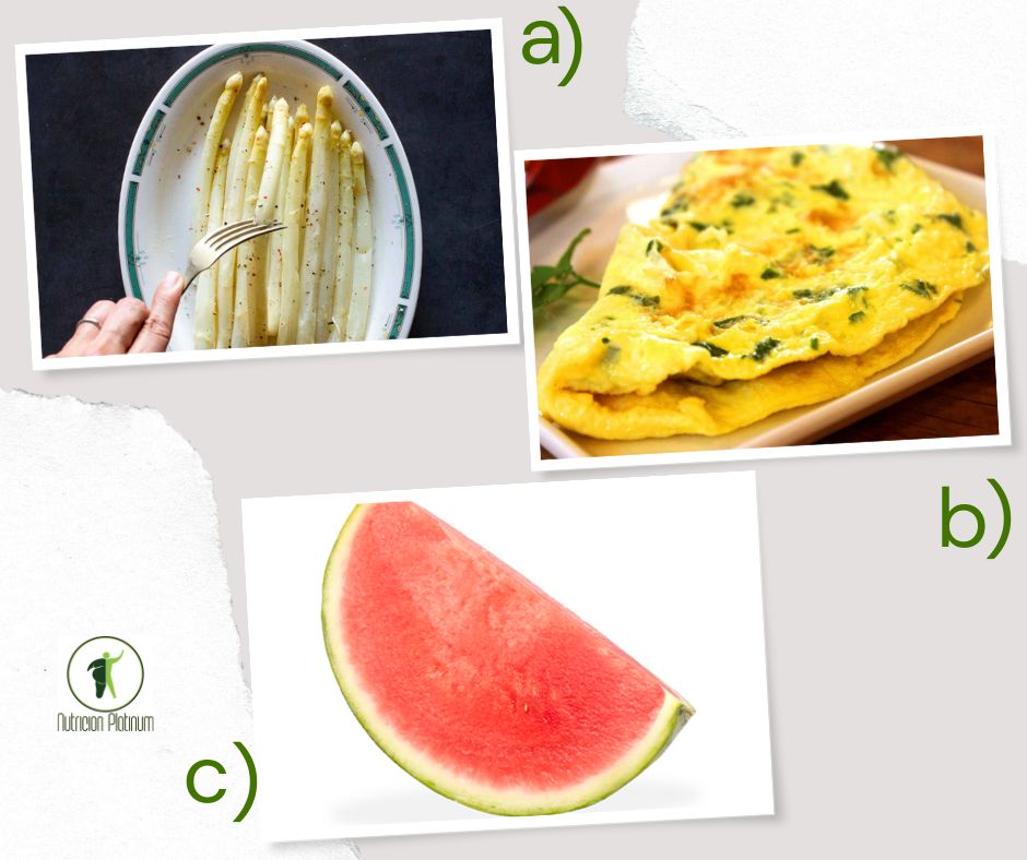 Espárragos blancos con tortilla con perejil con 1 tajada de sandia tamaño de puño.