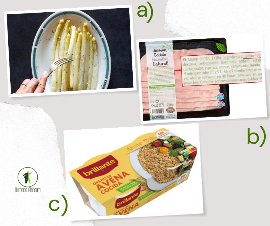 Espárragos blancos con jamón de york y 1 vasito de avena precocinada.