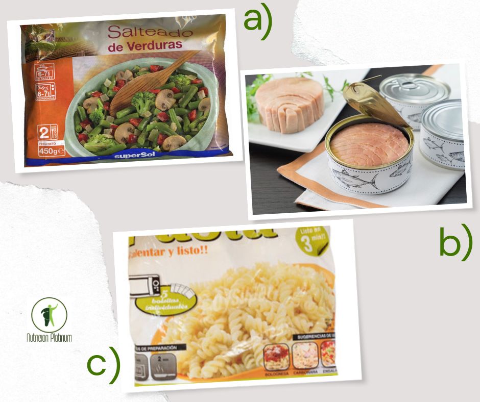 Salteado de verduras con atún y pasta.