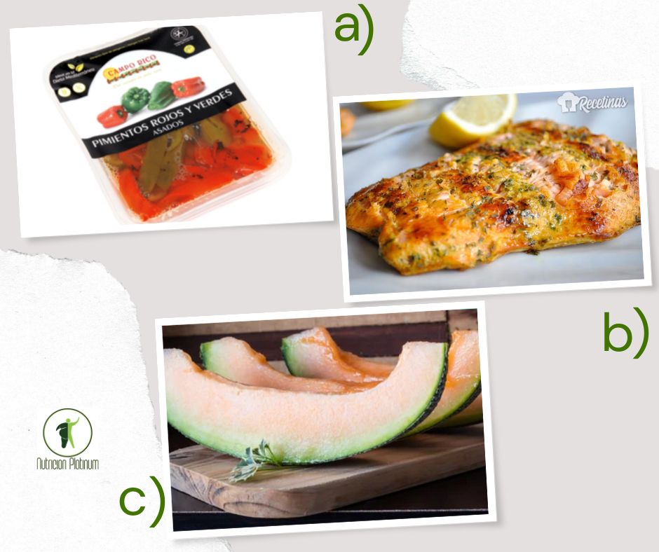 Pimientos en conserva con salmón a las hiervas y 1 tajada de melón cantaloup.