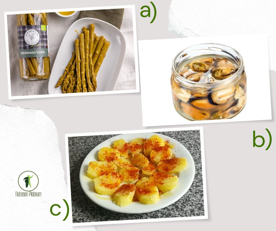 Espárragos trigueros en conserva con mejillones al natural y patatas a la gallega.
