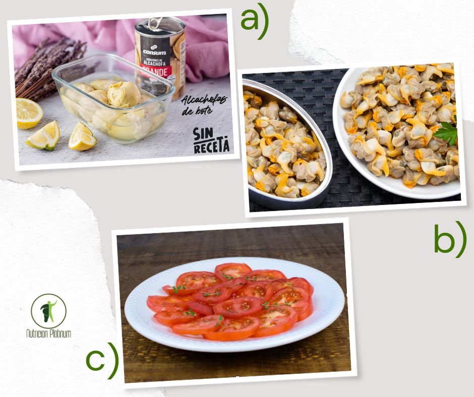 Alcachofas con berberechos en conserva y ensalada de tomate.