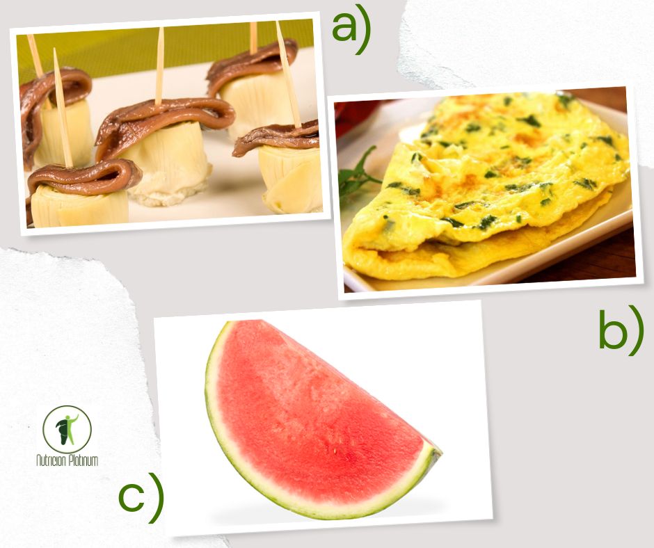 Alcachofas en conserva acompañada de tortilla con perejil y 1 tajada de sandia tamaño de puño.