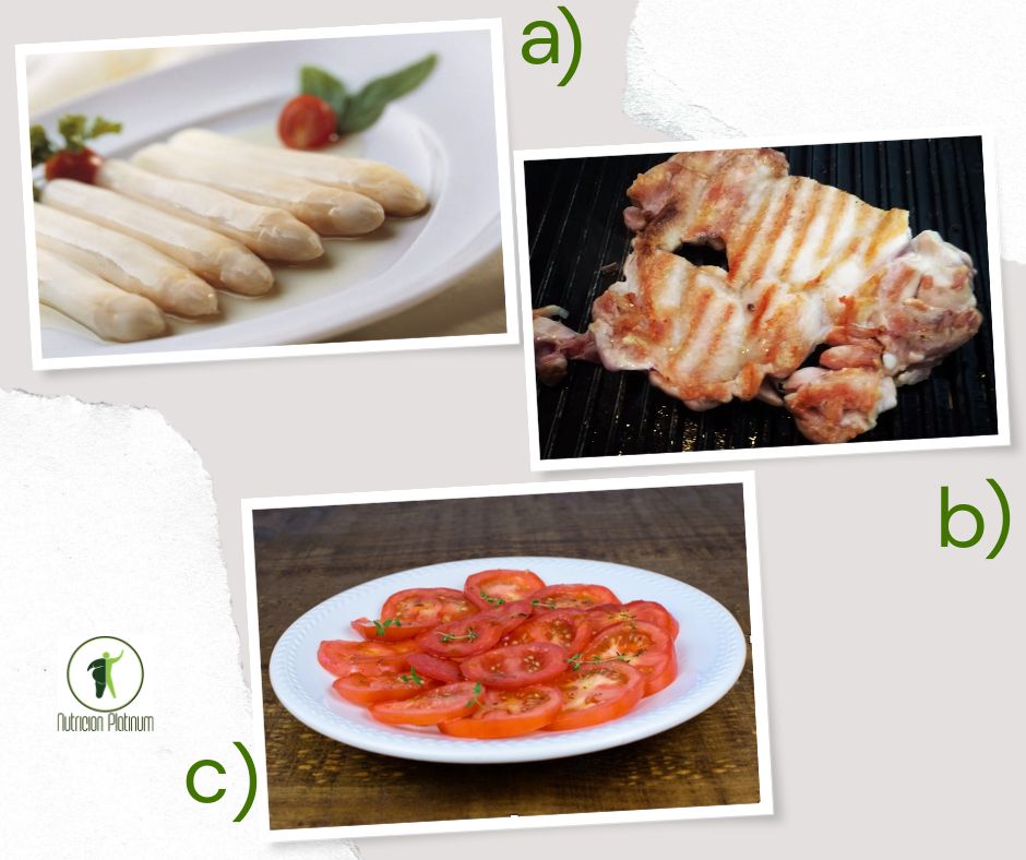 Espárragos blancos en conserva con contramuslos de pollo y ensalada de tomate.