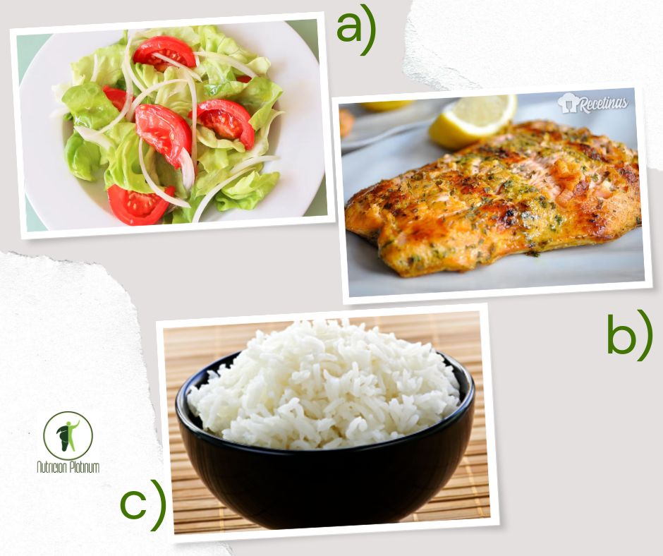 Ensalada de lechuga y tomate con salmón a la plancha con ajo y perejil l y arroz blanco.