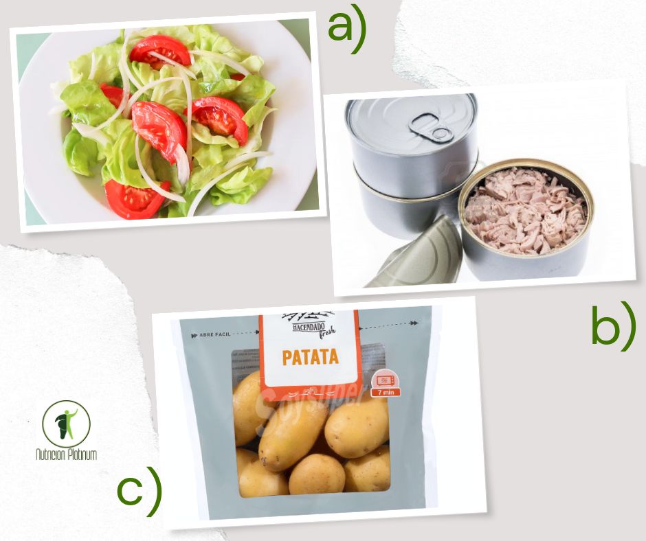 Ensalada de lechuga y tomate con atún en conserva y patatas cocinadas en el microondas.