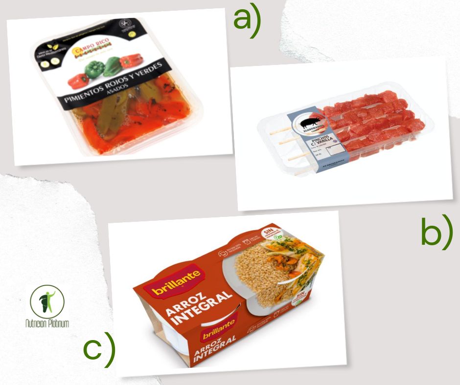 Pimientos asados con pinchos de cerdo y 1 vasito de arroz en el microondas.