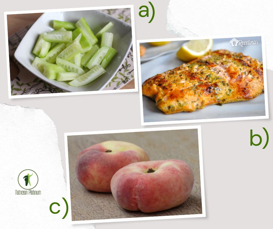 Ensalada de pepino con salmón a la plancha con perejil y 1 paraguayo tamaño de puño.