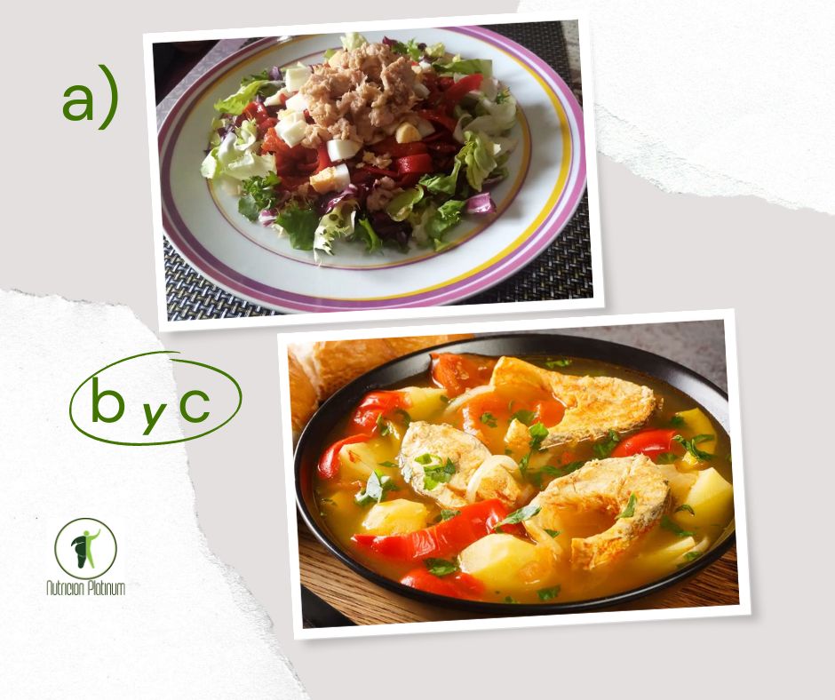 Ensalada de pimientos asados atún y huevo con caldeirada de pescado portuguesa