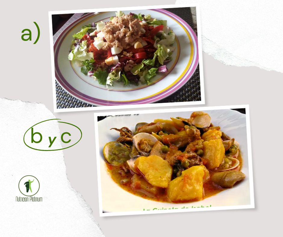 Ensalada de pimientos asados atún y huevo con guiso de calamares y almejas