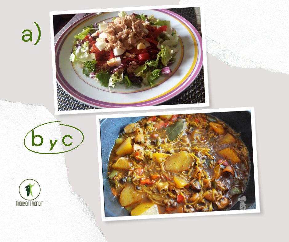 Ensalada de pimientos asados atún y huevo con guiso de calamares con patatas y fideos