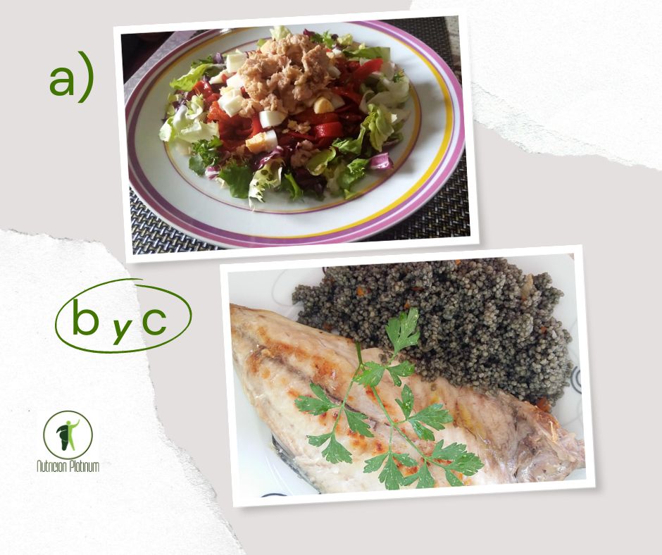 Ensalada de pimientos asados atún y huevo con cuscus negro con jurel a la plancha