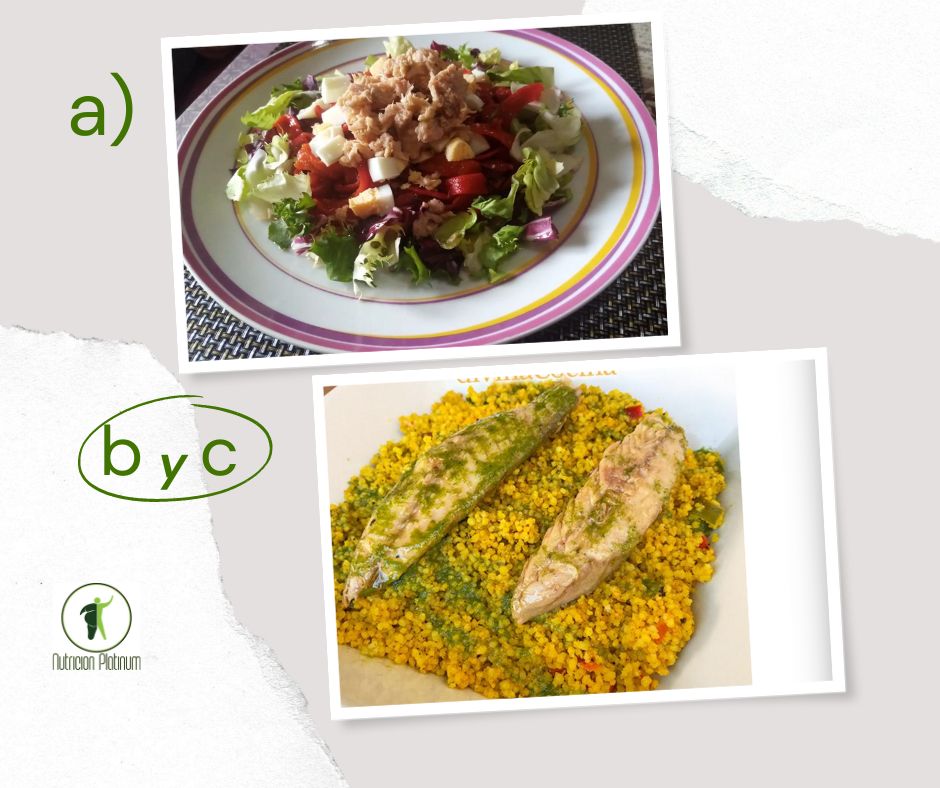 Ensalada de pimientos asados atún y huevo con cuscus con caballa