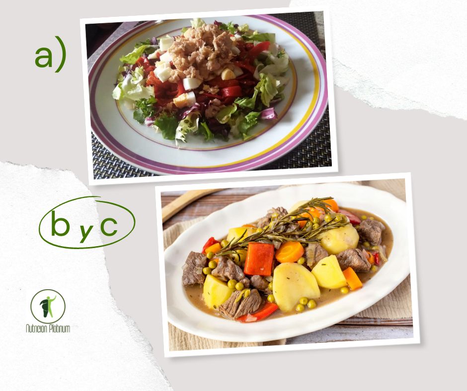 Ensalada de pimientos asados atún y huevo con ternera guisada con patatas