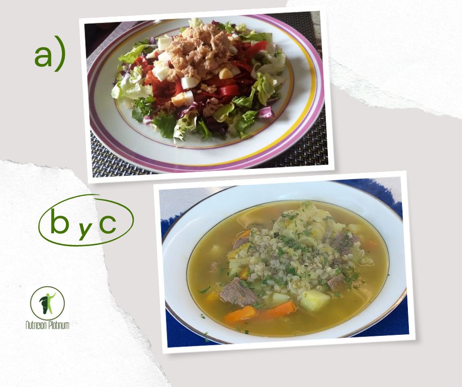 Ensalada de pimientos asados atún y huevo con sopa de trigo con carne