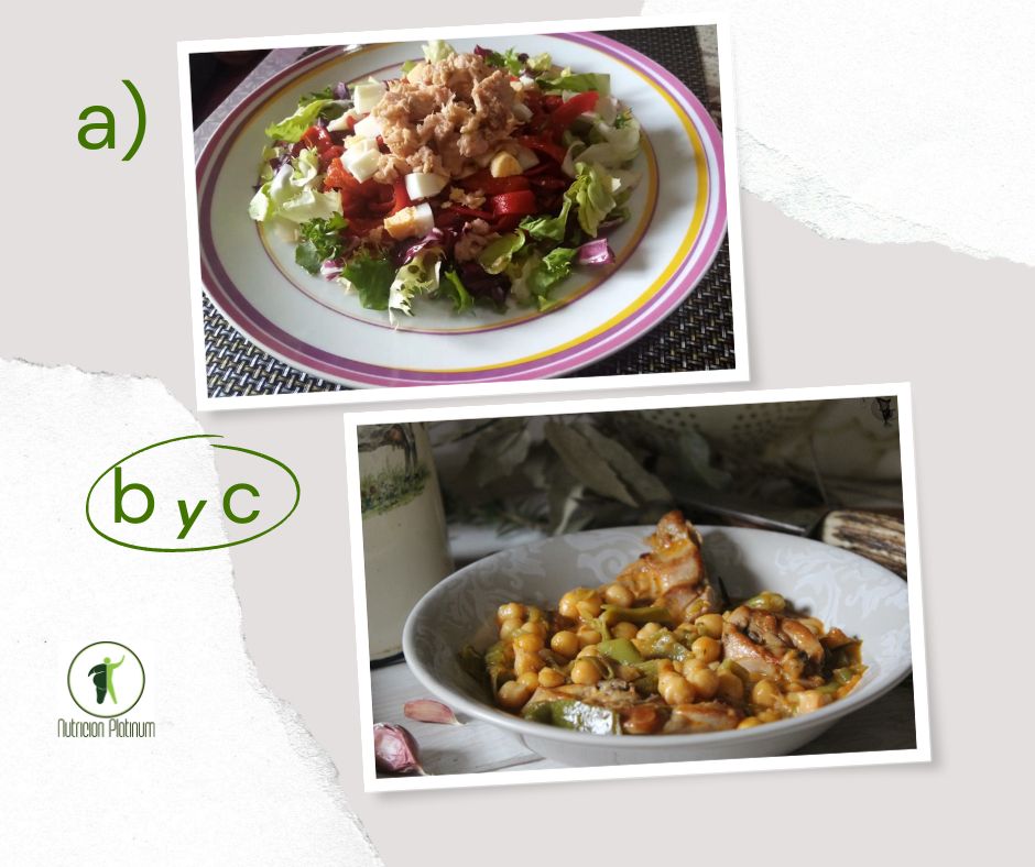 Ensalada de pimientos asados atún y huevo con conejo con garbanzos y habichuelas verdes