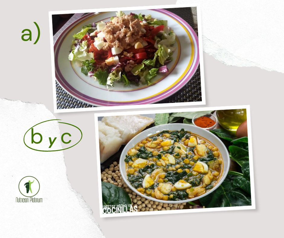 Ensalada de pimientos asados atún y huevo con potaje de bacalao con espinacas