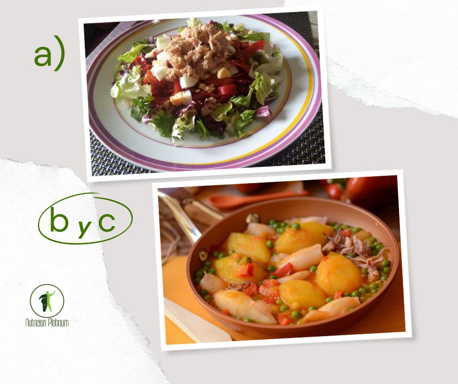 Ensalada de pimientos asados atún y huevo con calamares con patatas, guisantes y azafrán