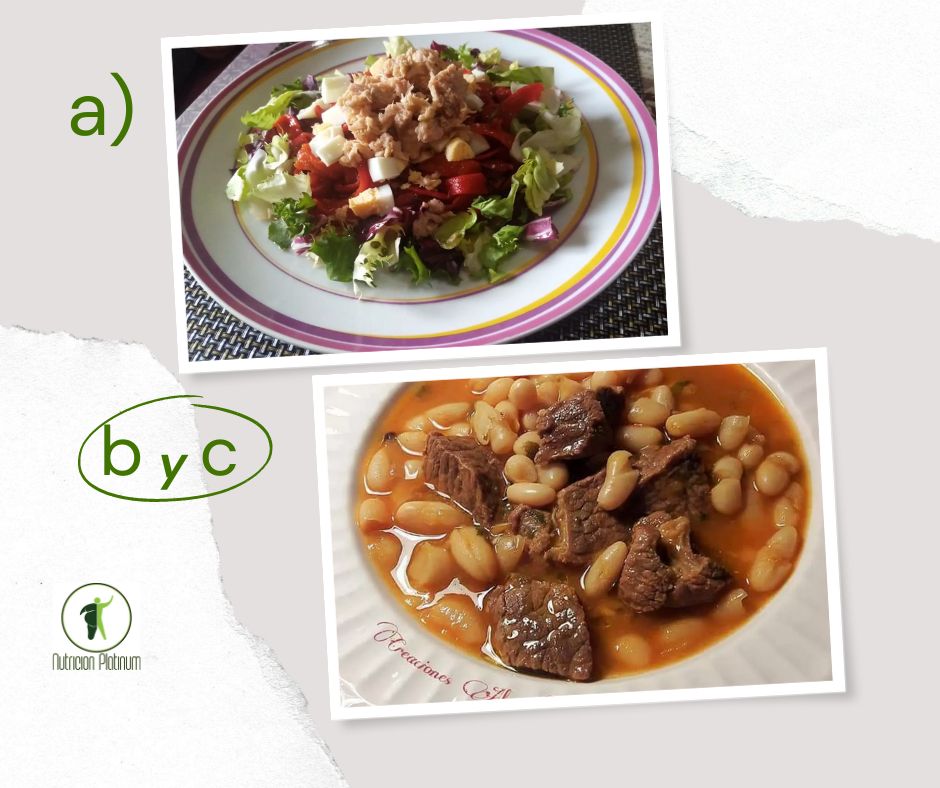 Ensalada de pimientos asados atún y huevo con alubias con ternera