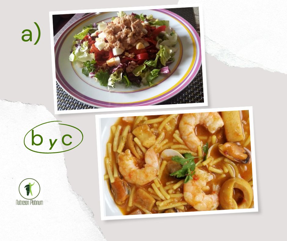 Ensalada de pimientos asados atún y huevo con fideos con marisco