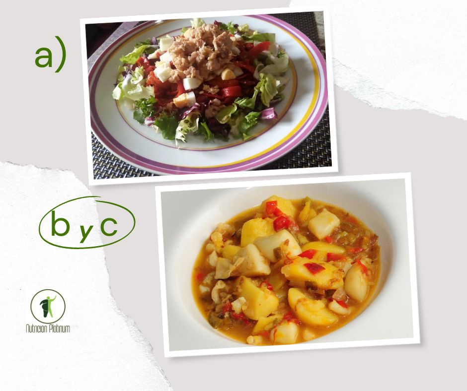 Ensalada de pimientos asados atún y huevo con sepia y patatas