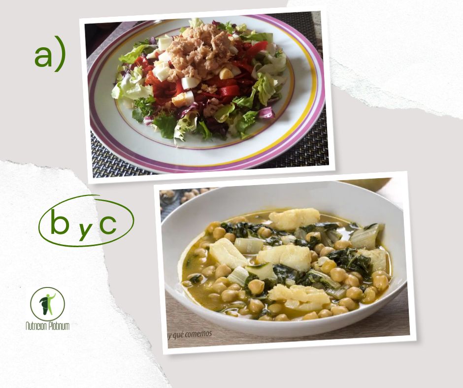 Ensalada de pimientos asados atún y huevo con potaje de bacalao con  garbanzos y acelgas