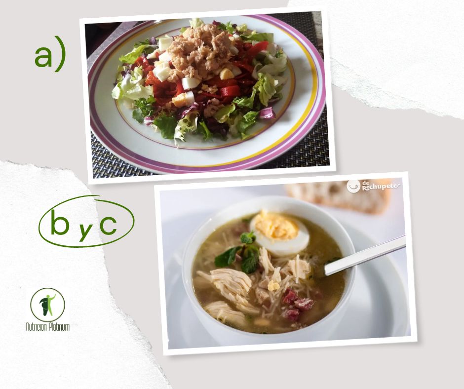 Ensalada de pimientos asados atún y huevo con sopla de picadillo y hierbabuena