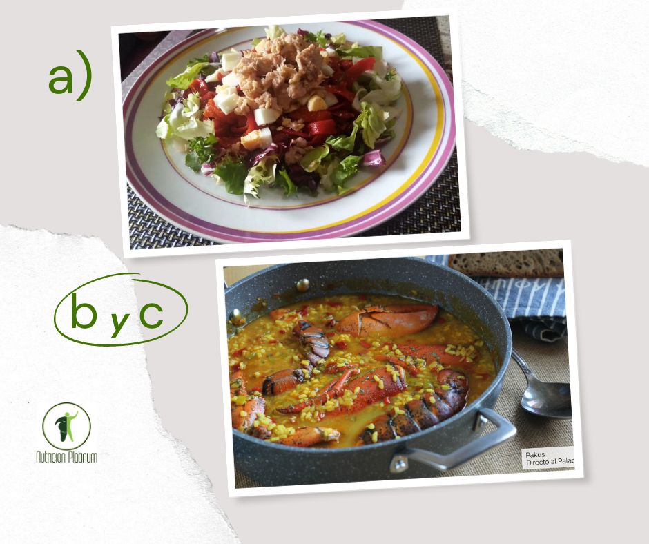 Ensalada de pimientos asados atún y huevo con arroz caldoso y bogavante