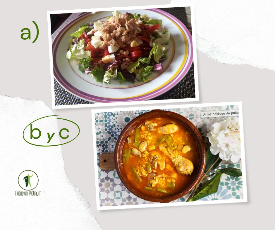 Ensalada de pimientos asados atún y huevo con arroz caldoso de pollo y conejo