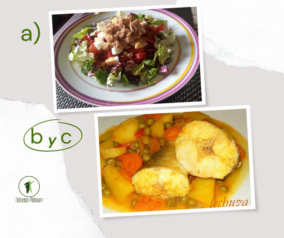 Ensalada de pimientos asados atún y huevo con pescadilla guisada con patatas