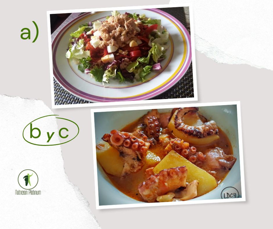 Ensalada de pimientos asados atún y huevo con guiso de pulpo