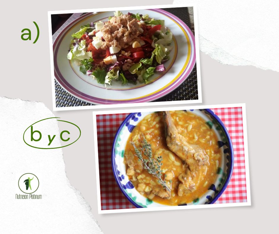 Ensalada de pimientos asados atún y huevo mas gurullos de Almería con conejo