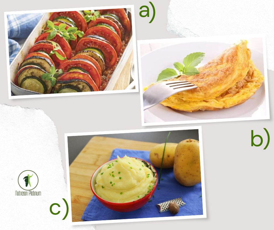 RATATOUILLE DE CALABACÍN, BERENJENA Y TOMATE CON TORTILLA DE ATÚN Y PURÉ DE PATATA