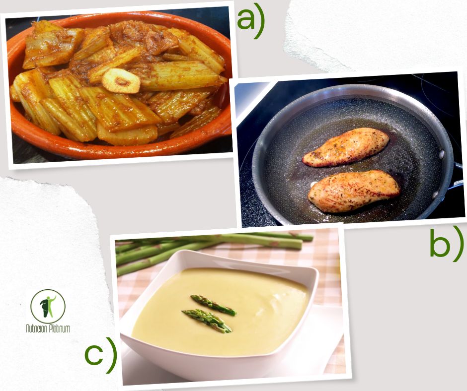 cardo al ajoarriero con pechuga de pollo a la plancha y crema de espárragos