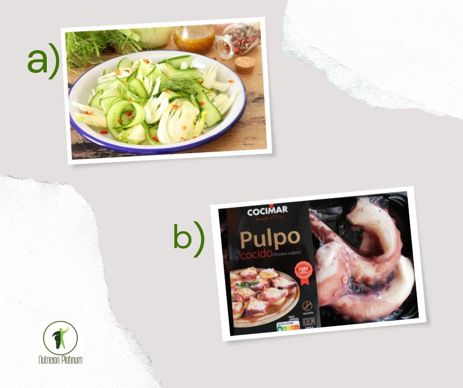 Ensalada de hinojo con pepino y guindilla con pulpo cocido.